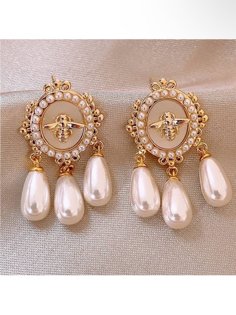 Gold Pearl Drop Bee Earrings A58
